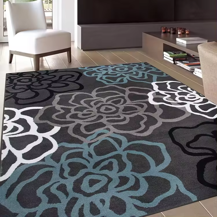 Black Rug With Floral Pattern